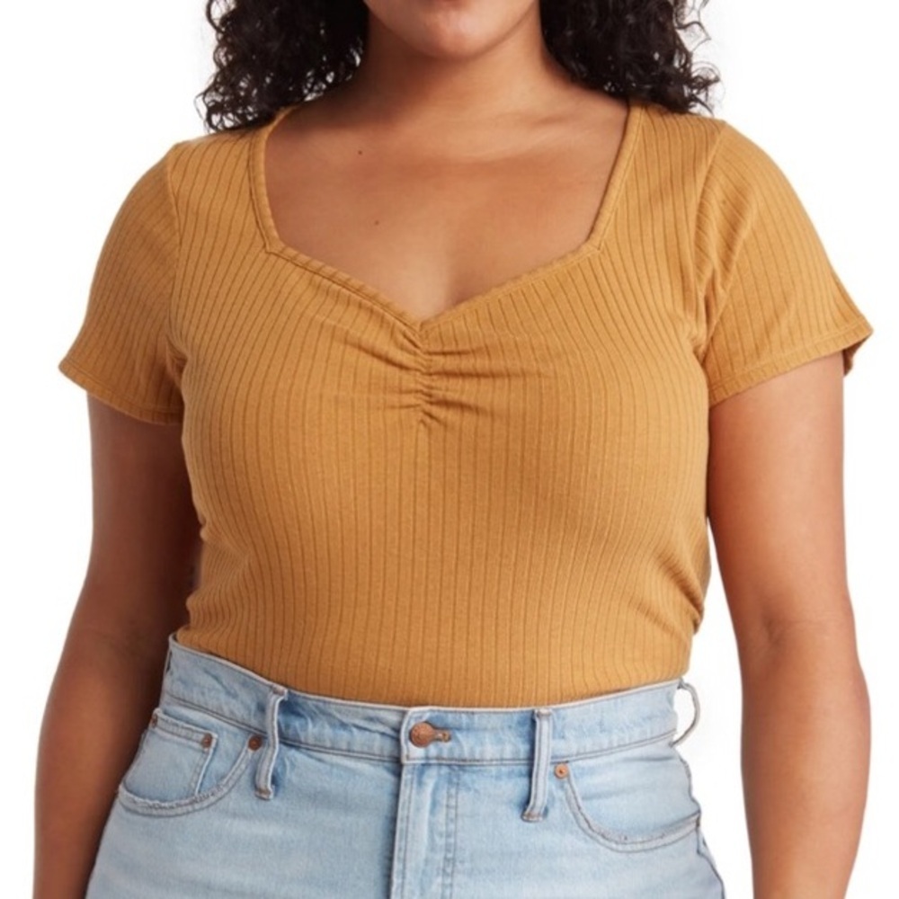 Madewell Women XXS Toffee Casual 80s Short Sleeve Ruched Ribbed Sweetheart Tee